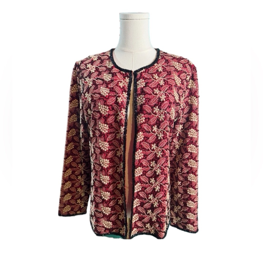J Kara Vintage Floral Jacket Red Gold Embroidered Elegant Evening PM Vintage